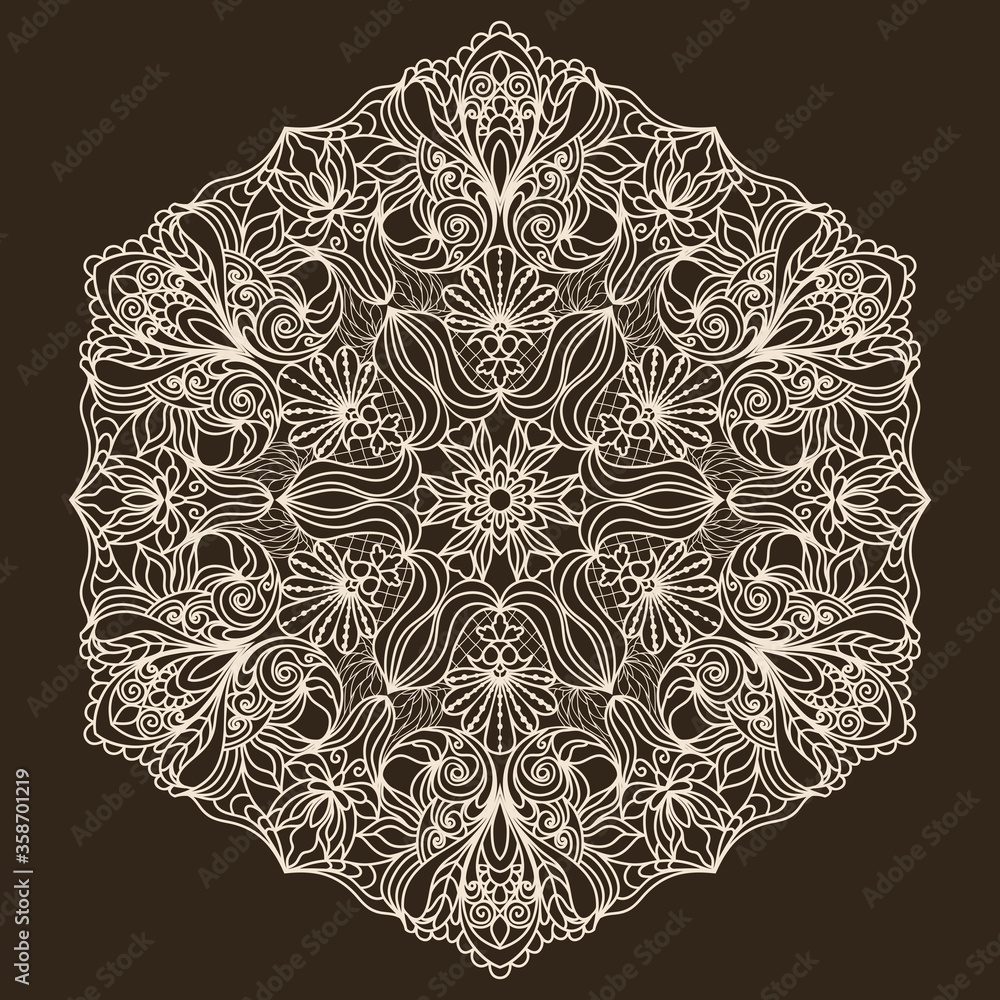 Round floral ornament in traditional Oriental pattern. Mandala. Lace pattern. Layout congratulatory card with carved openwork pattern. Pattern suitable for laser cutting, plotter cutting or printing Round floral ornament in traditional Oriental pattern. Mandala. Lace pattern. Layout congratulatory card with carved openwork pattern. Pattern suitable for laser cutting, plotter cutting or printing