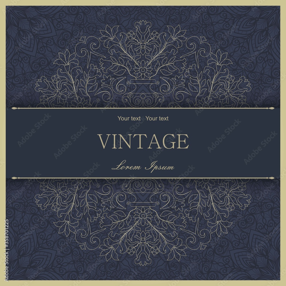 Template greeting card, invitation and advertising banner, brochure with space for text. Vintage Invitation or wedding card with lacy mandala and elegant floral elements in dark blue and gold