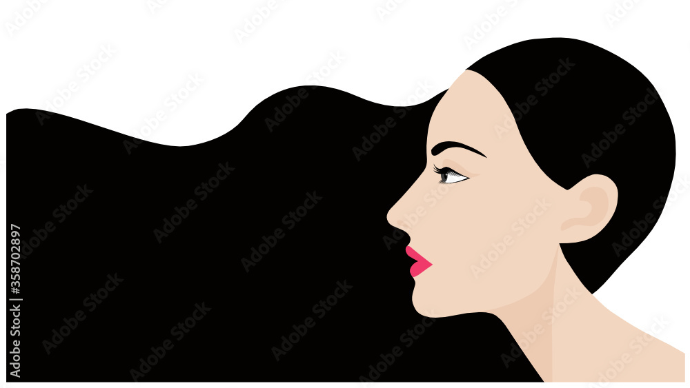 Black long hair woman side view face isolated on white background vector illustration. Woman concept background Black long hair woman side view face isolated on white background vector illustration. Woman concept background