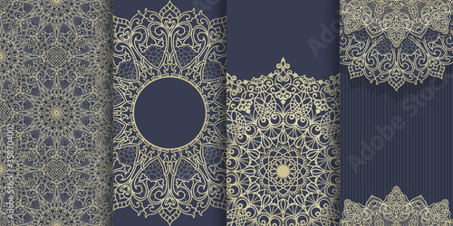 Set of Template greeting card, invitation and advertising banner, brochure.  Collection of design elements, labels, icon, frames for packaging, design of luxury product with mandala.