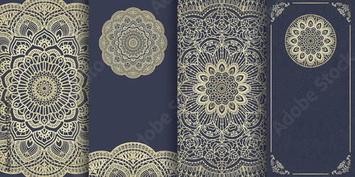 Set of Template greeting card, invitation and advertising banner, brochure.  Collection of design elements, labels, icon, frames for packaging, design of luxury product with mandala.