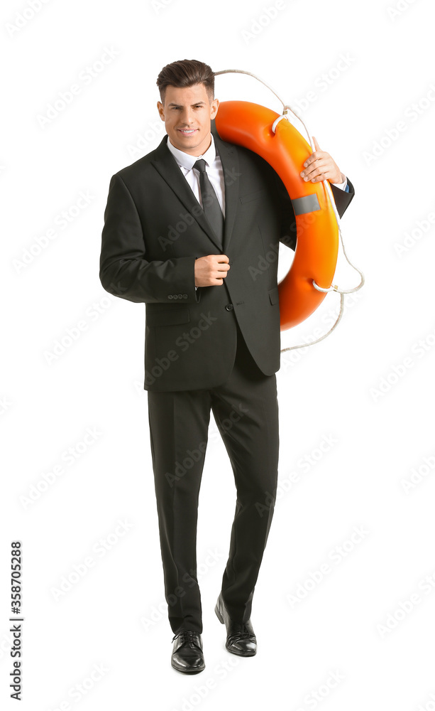 Young businessman with lifebuoy on white background Young businessman with lifebuoy on white background