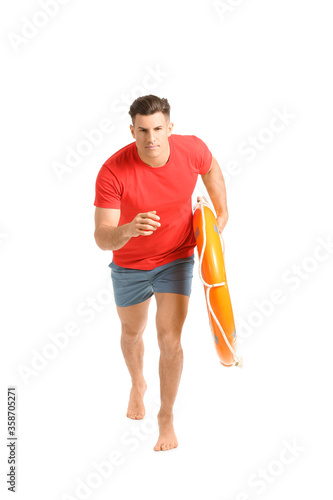 Running beach rescuer with ...
