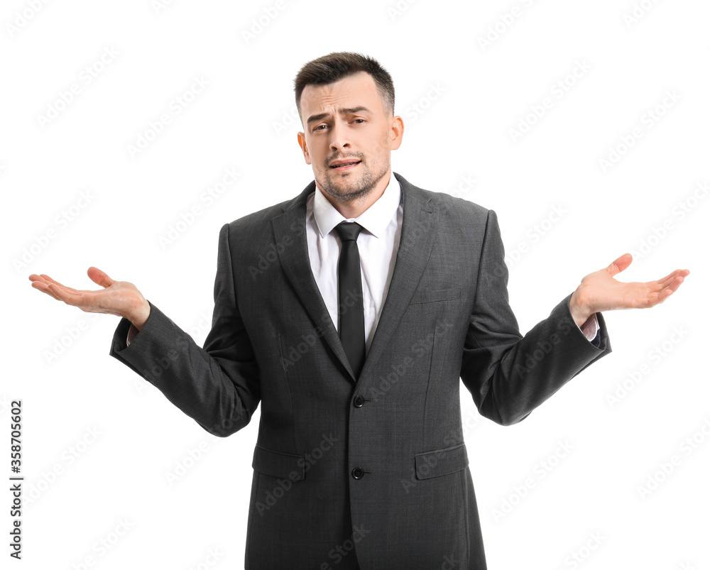 Portrait of apologizing businessman on white background Portrait of apologizing businessman on white background