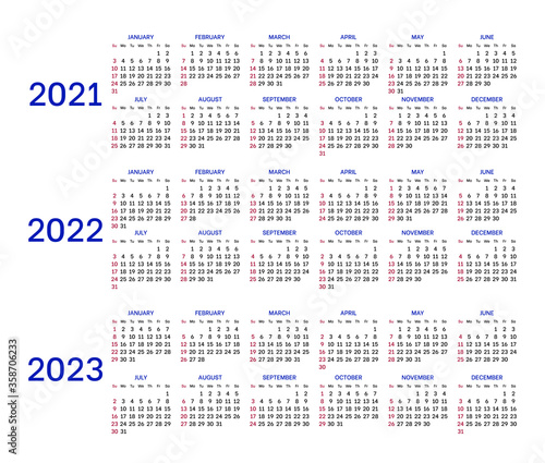 Calendar grid 2021,2022 and 2023. Calendar layout design in black and white colors, holidays in red colors. Week starts from Sunday. Months template, isolated on white background. Vector illustration