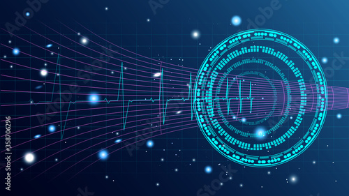 Heart pulse or ekg in monitor for UI Hi-tec interface blue digital technology with glowing particles ,vector illustration