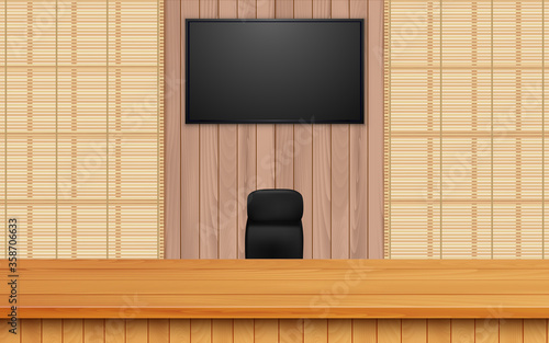 wooden table and lcds background in the news studio room	