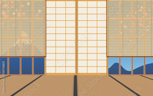 wooden curtain on windows in dojo room in japan