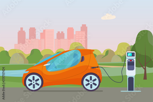 Fototapeta Naklejka Na Ścianę i Meble -  Electric compact car on a background of abstract cityscape. Electric car is charging, side view. Vector flat illustration.