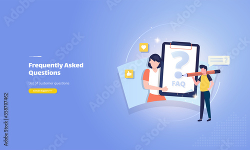 Flat design of FAQ concept with illustration of people writing questions