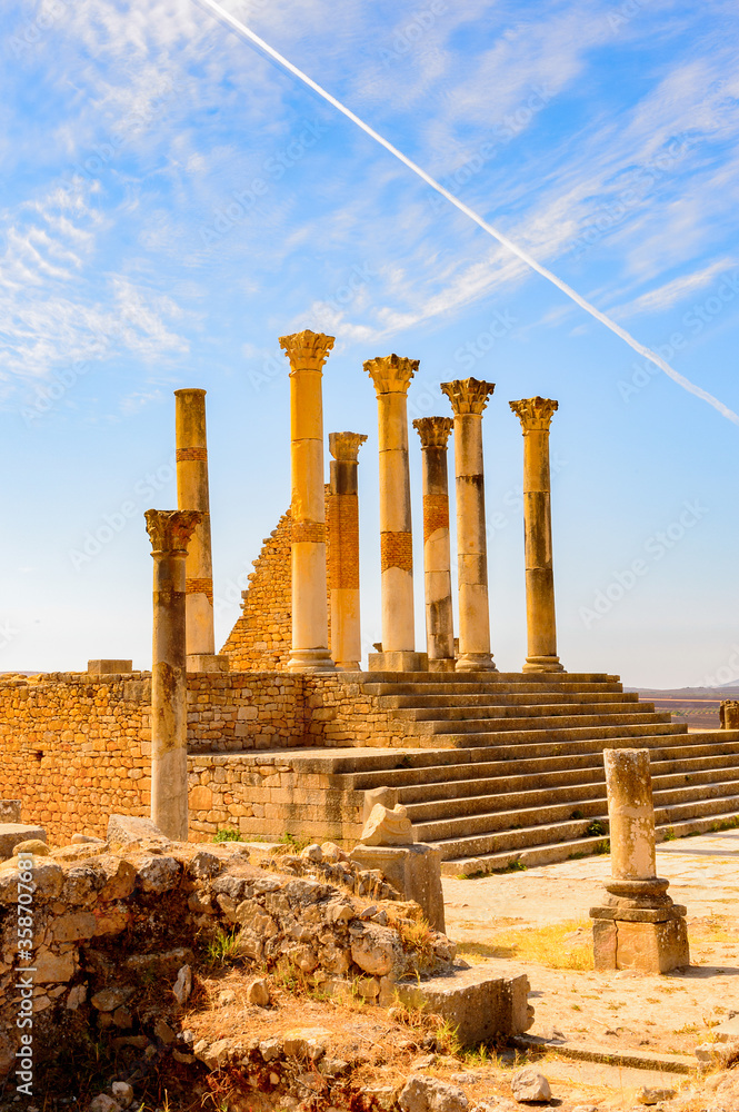 It's Temple of Volubilis, an excavated Berber and Roman city in Morocco, ancient capital of the kingdom of Mauretania. UNESCO World Heritage