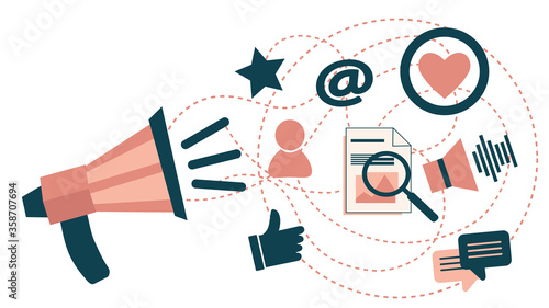 Digital marketing concept, vector illustration, loudspeaker, content analysis, emailing, chat, audio content, like icons, on white background. 