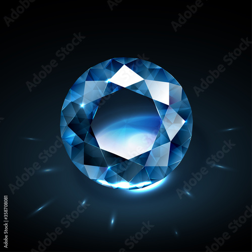 Realistic diamond vector with reflections on black background