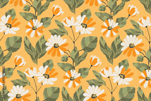 Art floral vector seamless pattern. Summer background. White and orange flowers, branches with green leaves isolated on sun yellow background.