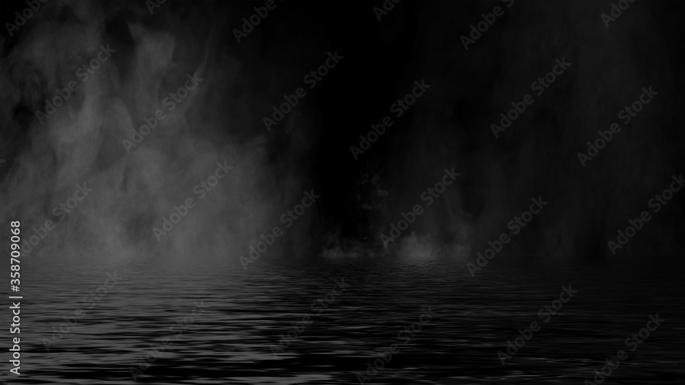 Mystic fog on coastal. Paranormal smoke on black background. Stock illustration. Reflection on water.