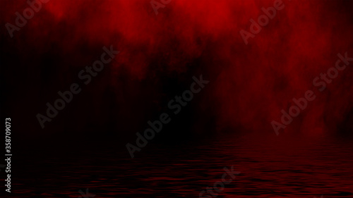 Mystic red fog on coastal. Paranormal smoke on black background. Stock illustration. Reflection on water. © Victor