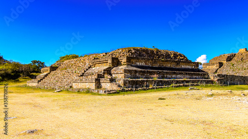 Pyramid of Monte Alban, a large pre-Columbian archaeological site, Santa Cruz Xoxocotlan Municipality, Oaxaca State. UNESCO World Heritage
