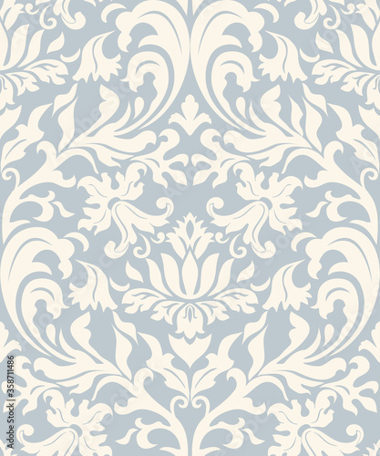 Seamless damask pattern in blue and beige. Seamless victorian wallpaper. Vintage ornament for wallpaper, printing on the packaging paper, textiles