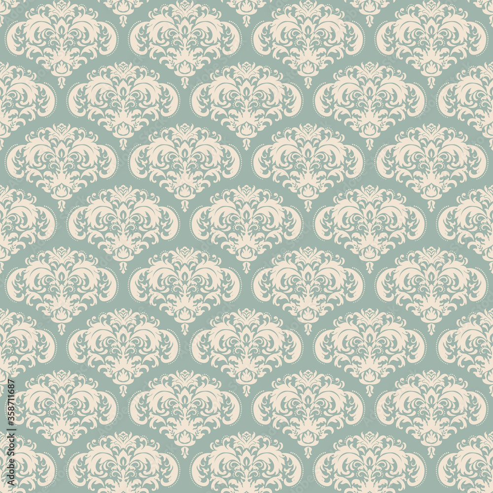 Seamless damask pattern in green and beige. Seamless victorian wallpaper. Vintage ornament for wallpaper, printing on the packaging paper, textiles