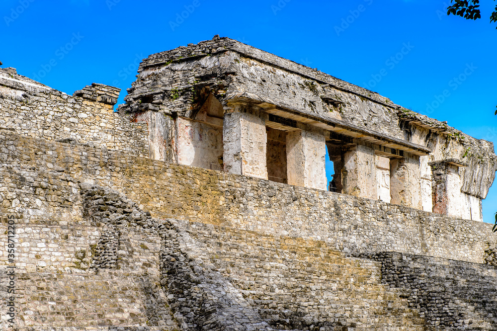 Close view of the Palace of Palenque, was a pre-Columbian Maya civilization of Mesoamerica. Known as Lakamha (Big Water). UNESCO World Heritage