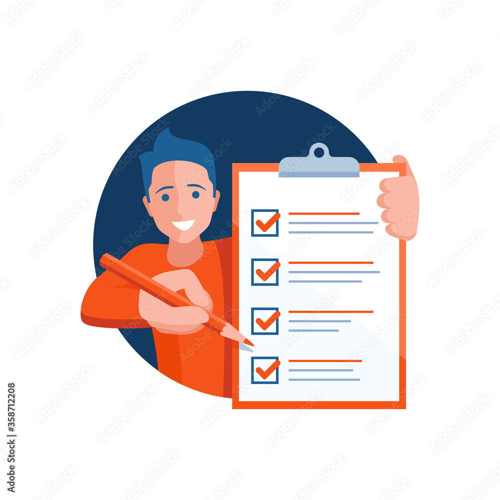 Checklist icon - young smiling man holding big completed check list (test, questionnaire, planning) and big pencil - isolated vector creative illustration Checklist icon - young smiling man holding big completed check list (test, questionnaire, planning) and big pencil - isolated vector creative illustration