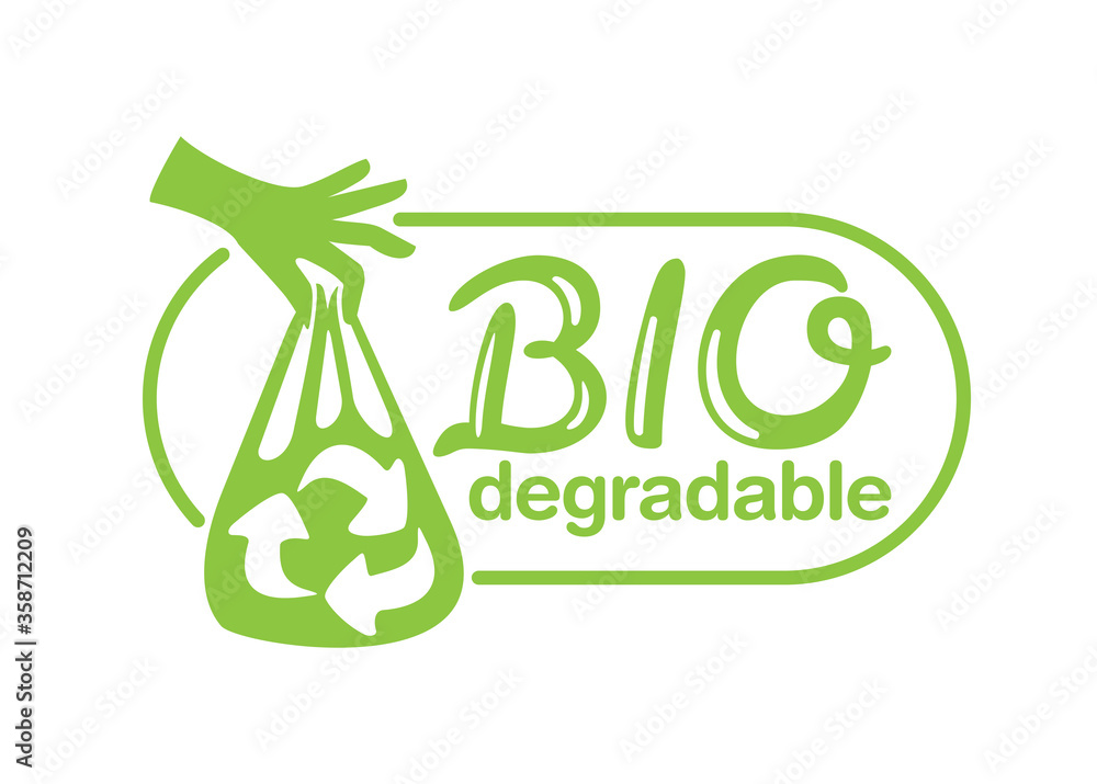 Biodegradable eco plastic - bag in hands with recyclabe symbol - isolated stamp Biodegradable eco plastic - bag in hands with recyclabe symbol - isolated stamp