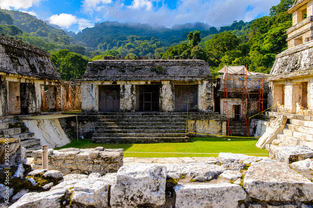 Top of the Palace, Palenque, was a pre-Columbian Maya civilization of Mesoamerica. Known as Lakamha (Big Water). UNESCO World Heritage