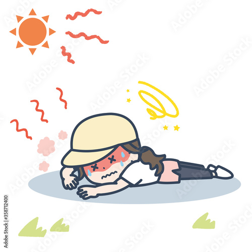 炎天下、運動をして倒れる女性のイラスト