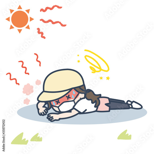 炎天下、マスクを付けて運動し熱中症で倒れる女性のイラスト