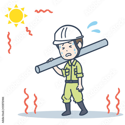 炎天下で働く男性作業員のイラスト