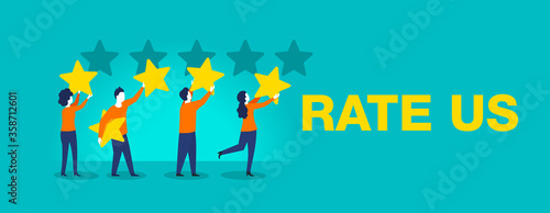 Rate us banner -  Small people leave 5 stars positive feedback - creative isolated illustration