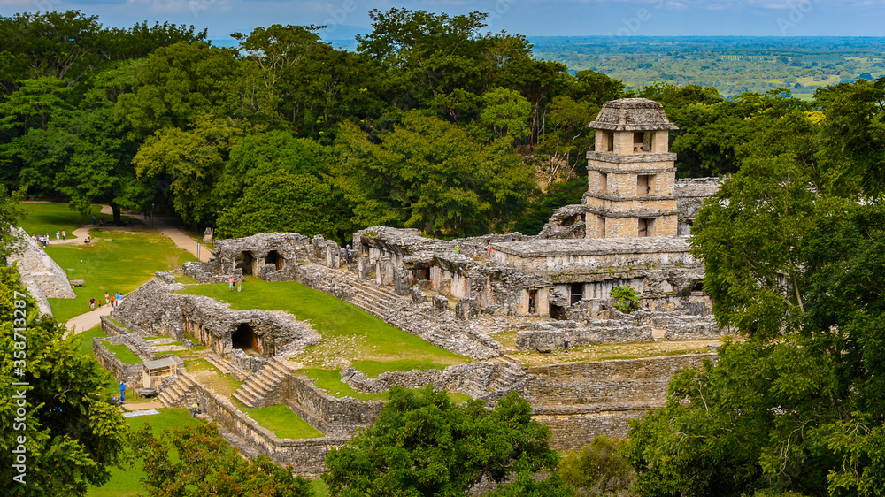 Aerial Panorama of Palenque archaeological site, a pre-Columbian Maya civilization of Mesoamerica. Known as Lakamha (Big Water). UNESCO World Heritage