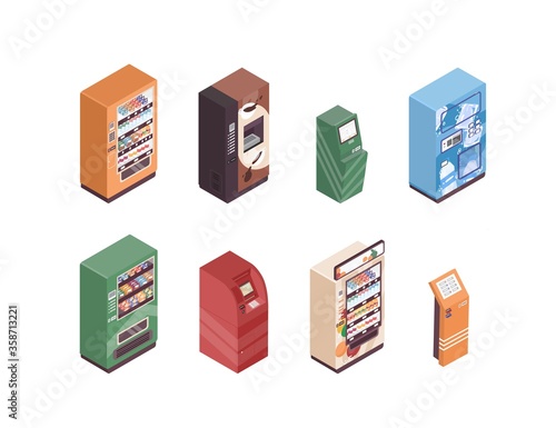 Set of different colorful modern automated retail equipment vector isometry illustration. Collection of vending machines, ATM and self-service interactive kiosks or terminals isolated on white