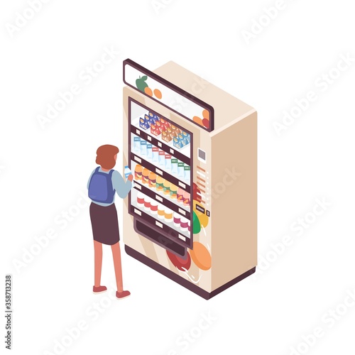 Student woman with backpack buying bottle of water in vending machine vector isometric illustration. Female use automated self service interactive kiosk with snack and beverage isolated on white
