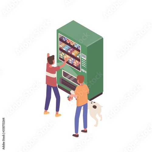 Kids with dog buying snacks at vending machine vector isometric illustration. Children choosing junk food and sweet together isolated on white. Funny friends use modern self service interactive kiosk
