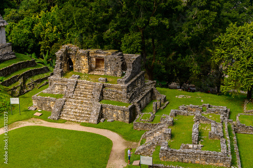 Aerial Panorama of Palenque archaeological site, a pre-Columbian Maya civilization of Mesoamerica. Known as Lakamha (Big Water). UNESCO World Heritage