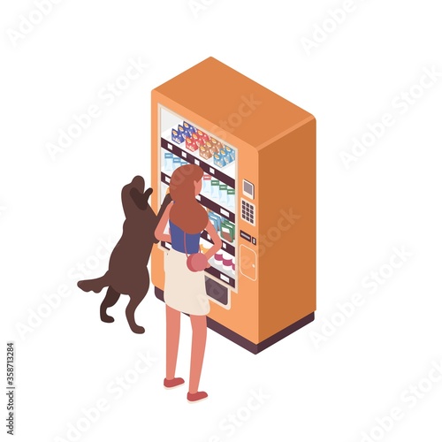 Woman and dog stand near vending machine vector isometric illustration. Female and pet choosing snack and drink isolated on white background. Customer buy junk food at automated self service kiosk