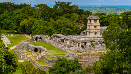Aerial Panorama of Palenque archaeological site, a pre-Columbian Maya civilization of Mesoamerica. Known as Lakamha (Big Water). UNESCO World Heritage photo