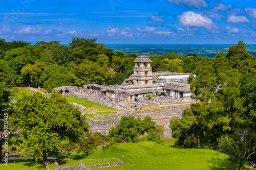 Aerial Panorama of Palenque archaeological site, a pre-Columbian Maya civilization of Mesoamerica. Known as Lakamha (Big Water). UNESCO World Heritage photo