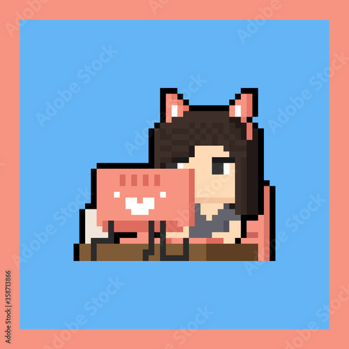 Pixel art cartoon woman character working at home with cat ears.