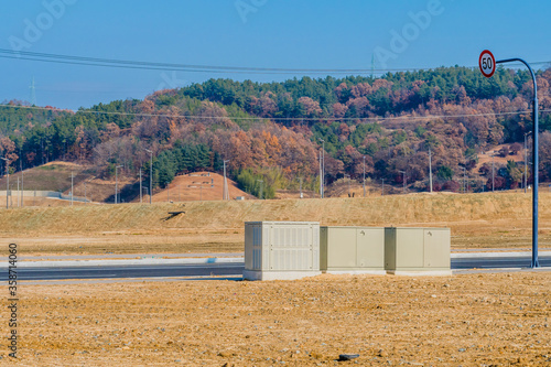 Metal utility stations at new rural construction site.
