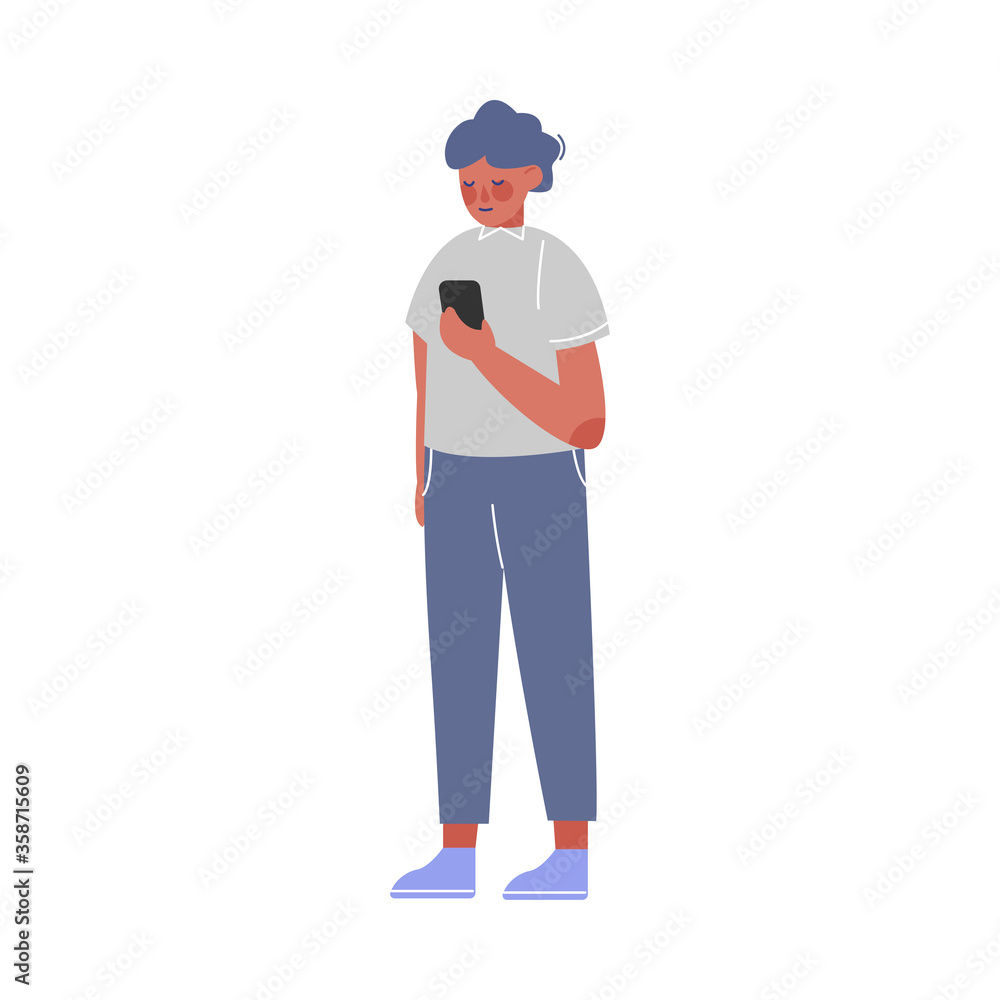 Male Business Character Standing with Smartphone, Office Worker Employee Vector Illustration