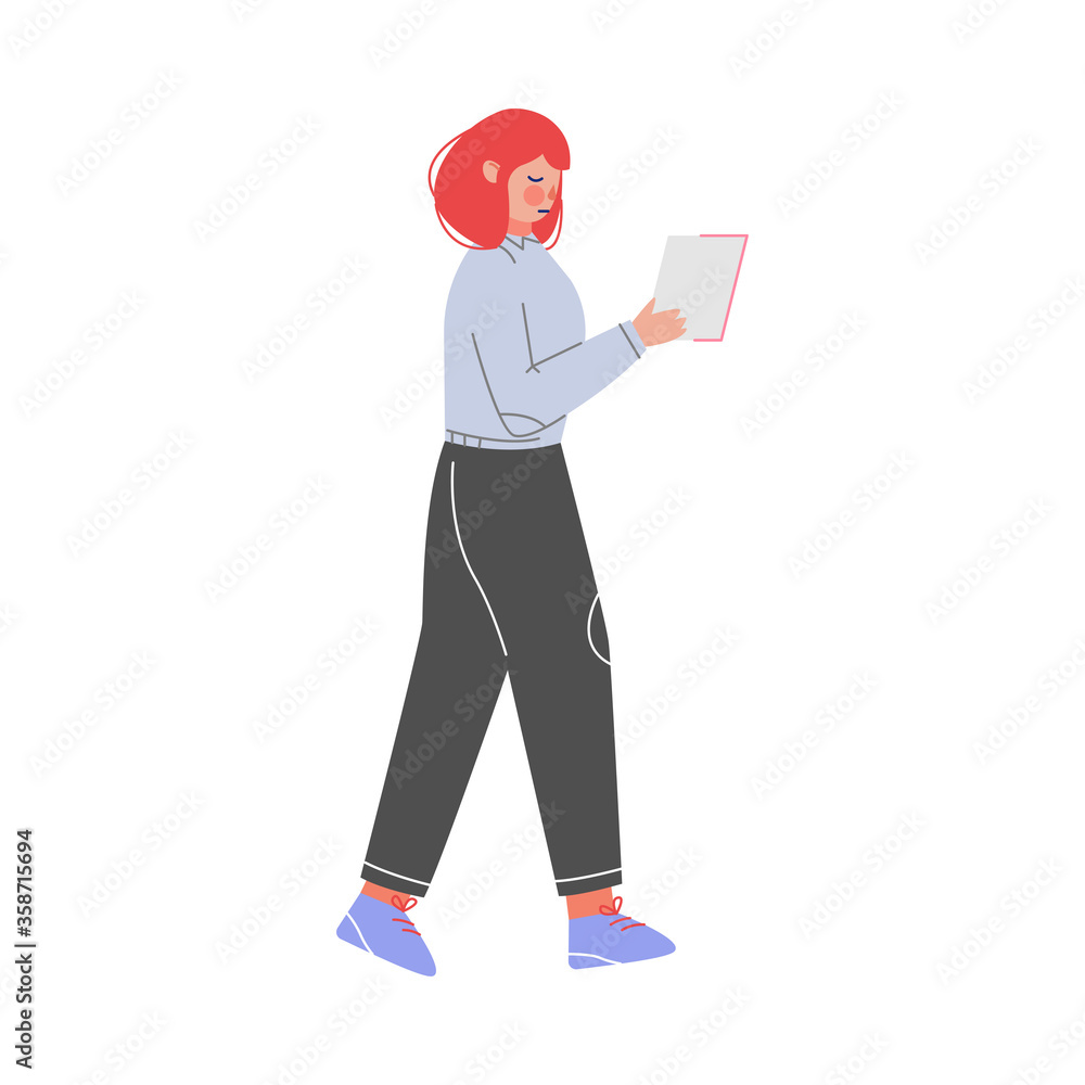Female Business Character Walking with Paper Document in her Hands, Office Worker Employee Vector Illustration Female Business Character Walking with Paper Document in her Hands, Office Worker Employee Vector Illustration