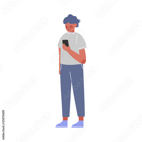 Male Business Character Standing with Smartphone, Office Worker Employee Vector Illustration © topvectors