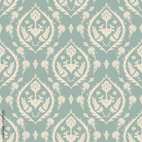 Seamless damask pattern in green and beige. Seamless victorian wallpaper. Vintage ornament for wallpaper, printing on the packaging paper, textiles
