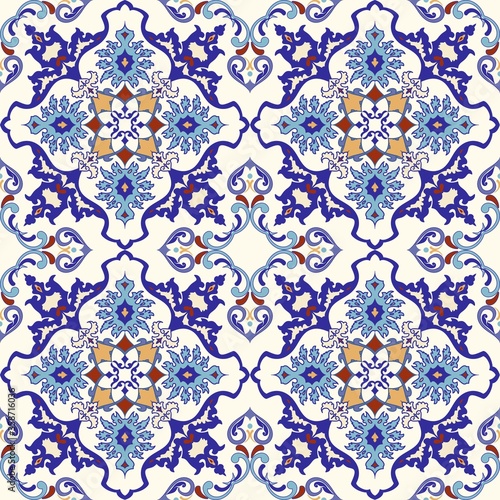 Vintage seamless damask pattern. Colorful Tile in turkish style. Hand drawn floral background. Wallpaper in Victorian style. Islam, Arabic, Indian, Ottoman motif. Vector illustration