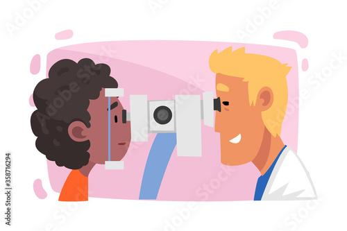 Ophthalmologist Doctor Examining Patient Eyesight with Professional Equipment, Ophthalmology Diagnostics, Vision Correction, Medical Treatment and Healthcare Cartoon Vector Illustration