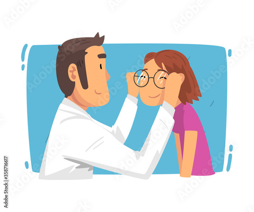 Ophthalmologist Doctor Helping Girl Patient with Diopters Dlasses Selection, Ophthalmology Diagnostics, Vision Correction, Medical Treatment and Healthcare Cartoon Vector Illustration