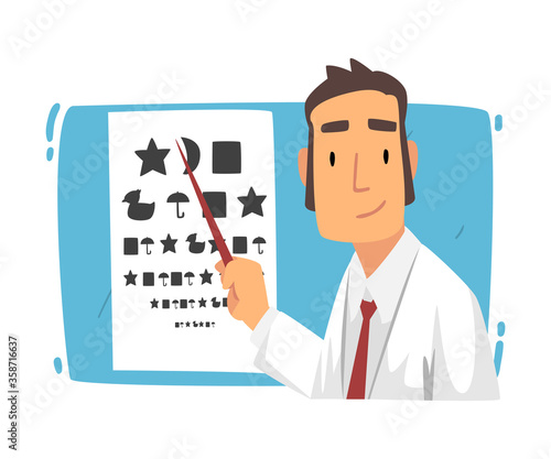Ophthalmologist Doctor Doing Eyesight Test, Ophthalmology Diagnostics, Vision Correction, Medical Treatment and Healthcare Cartoon Vector Illustration