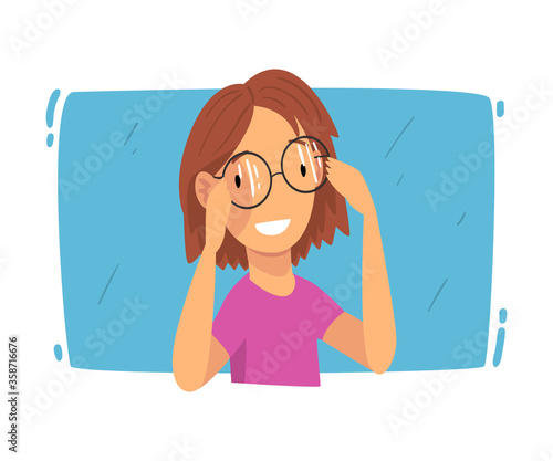 Smiling Girl Trying On Glasses, Ophthalmology Diagnostics, Vision Correction Cartoon Vector Illustration